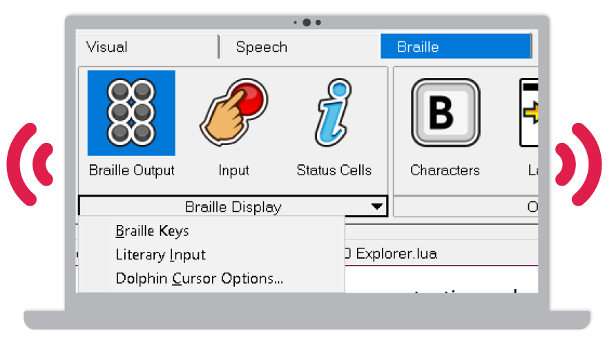 A laptop with braille output control panel buttons onscreen,